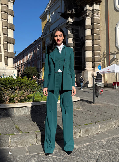 Pantalone palazzo donna coordinato a tailleur tre pezzi elegante, linea fluida e vestibilità slanciata