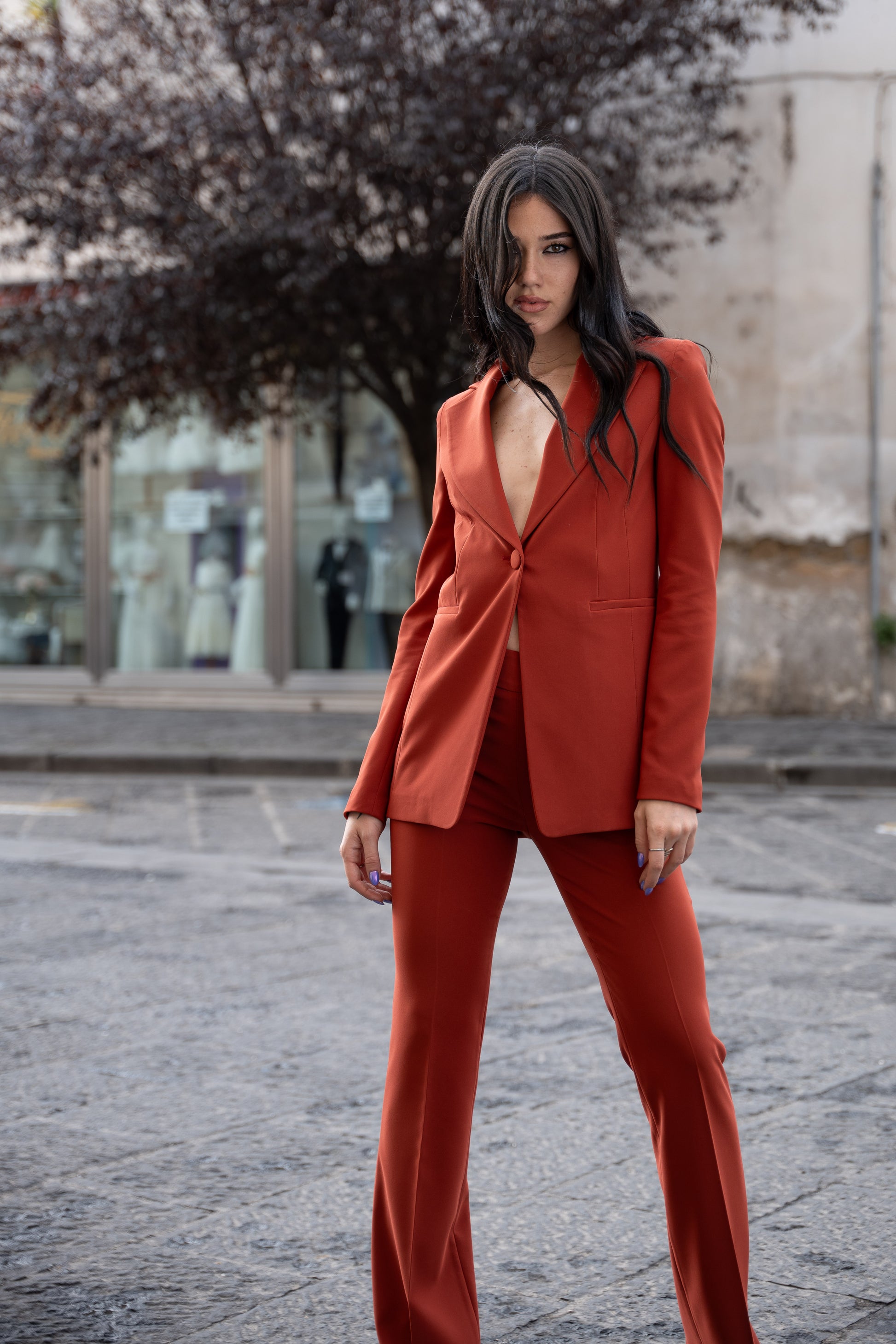 Tailleur monopetto donna color coccio Made in Italy – vista frontale