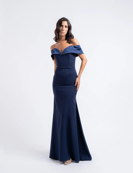 Abito lungo sirena blu in crepe tecnico con scollo a barca in raso
