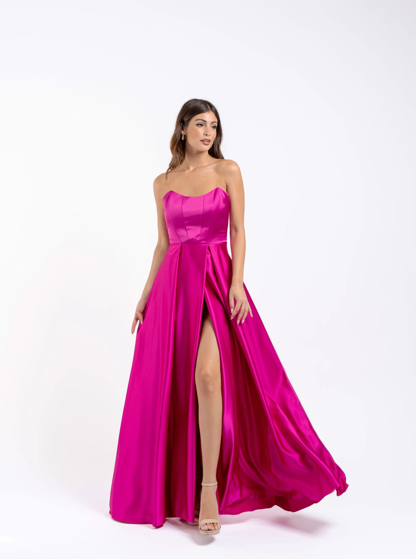 Abito elegante donna lungo in raso con corpino a fascia steccato