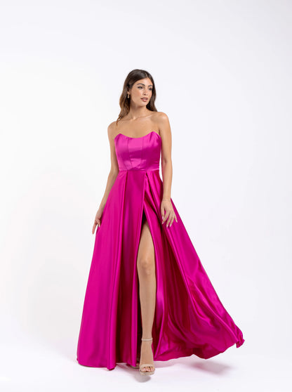 Abito elegante donna lungo in raso con corpino a fascia steccato