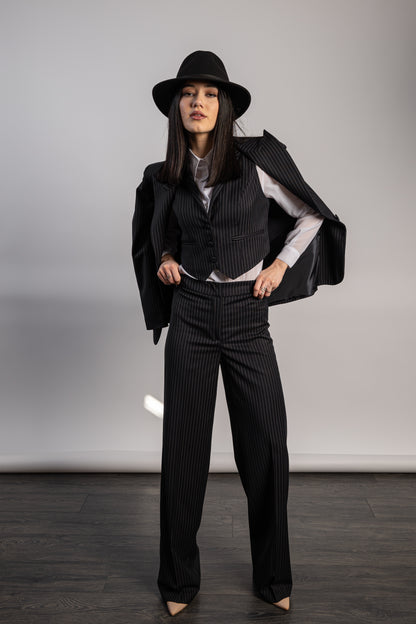 Tailleur 3 pezzi donna in tessuto gessato nero con pantalone palazzo 