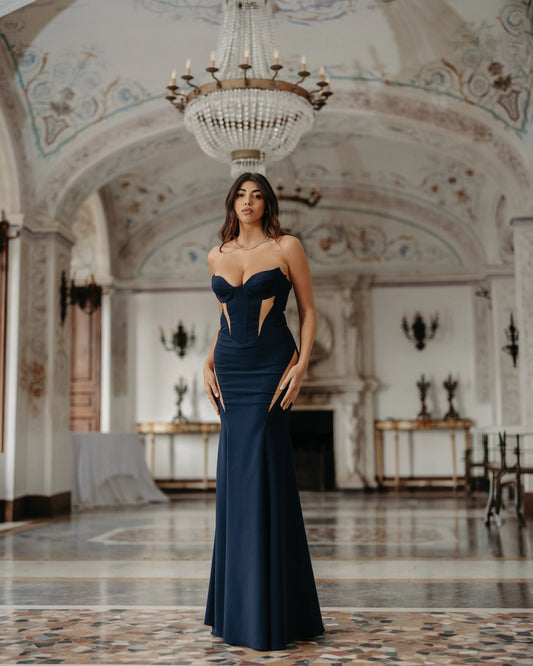 Abito lungo sirena nero in crepe tecnico con scollo a cuore bustier