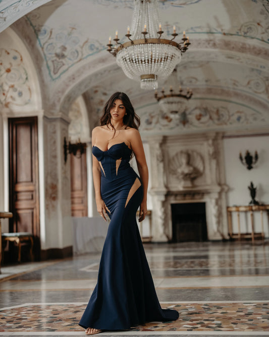 Abito cerimonia donna lungo con inserti laterali in tulle nude invisibile