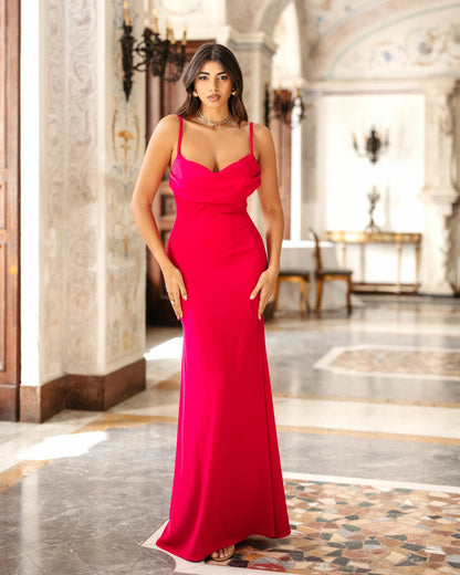 Abito lungo sirena in cadì con scollo sciallato frontale elegante